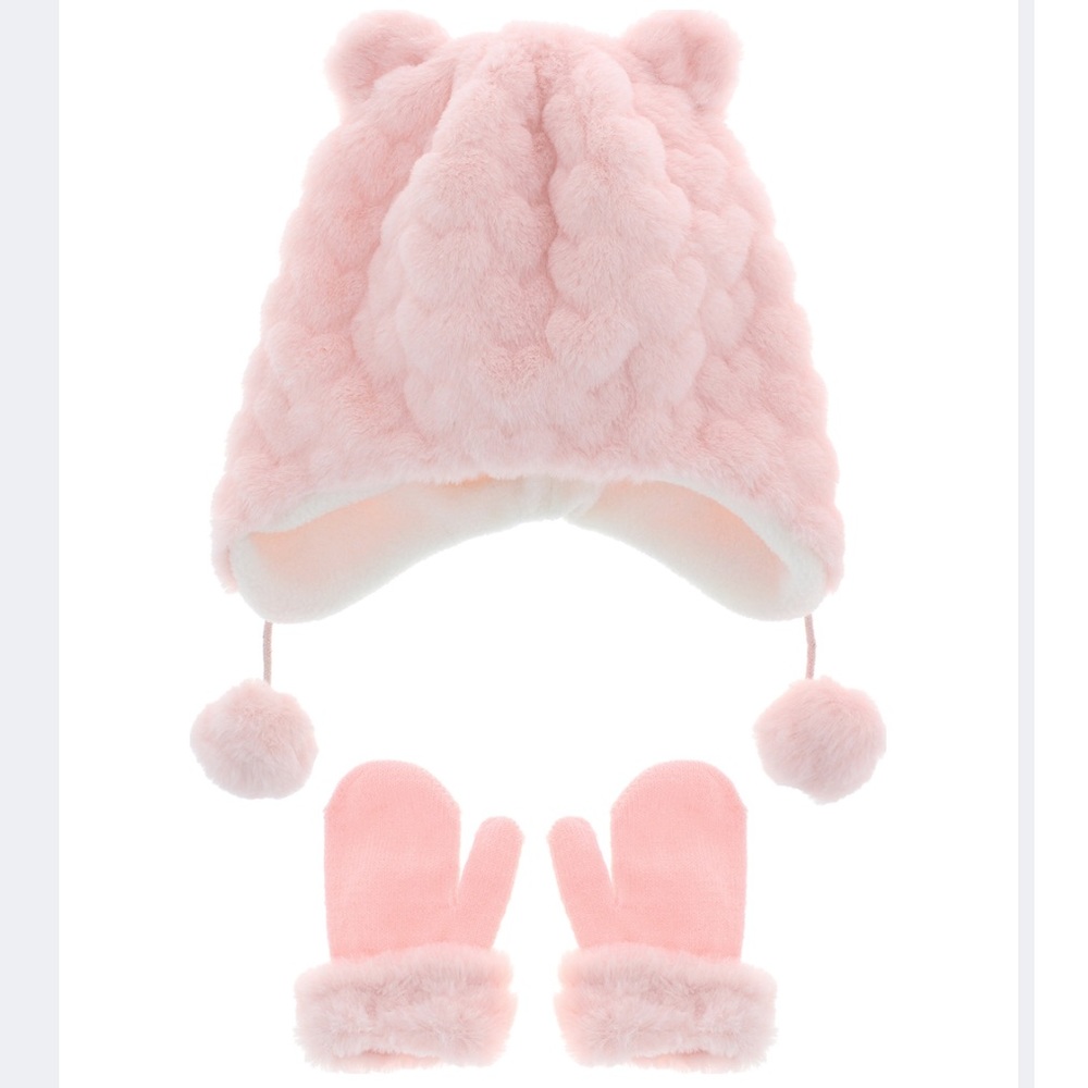 ▪️Pink Bear Fleece Beanie and Mittens